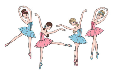 Fototapeta premium Set of cute ballerinas in pink and blue tutu dresses