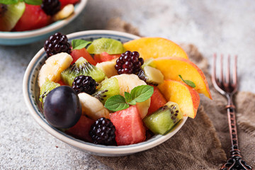 Fruits salad with watermelon, banana and kiwi 