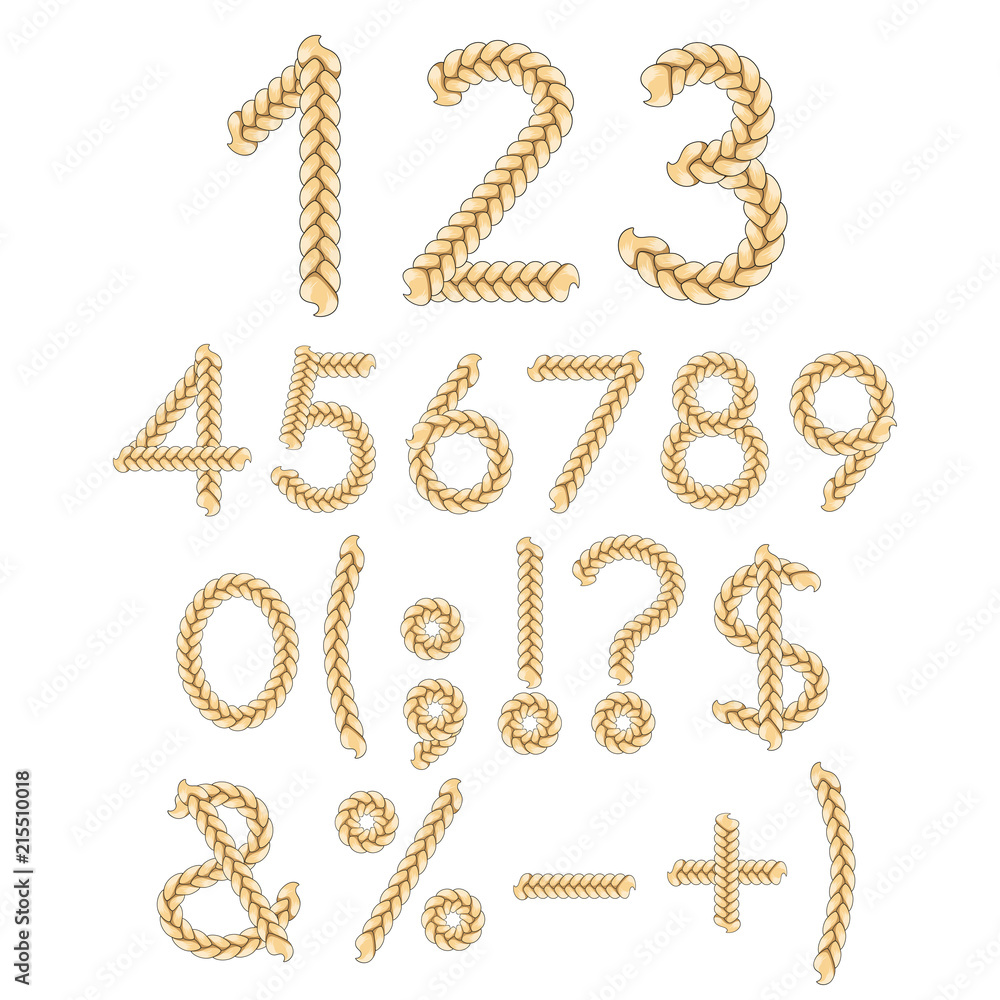 Poster numbers and signs of braids. isolated vector objects on white background.