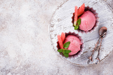 Fototapeta na wymiar Watermelon ice cream in metal bowls 