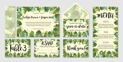 Foliage vector watercolor wedding invitation set, envelope, rsvp, table number, menu. Leaves of roses and eucalyptus, wax flowers. Summer design