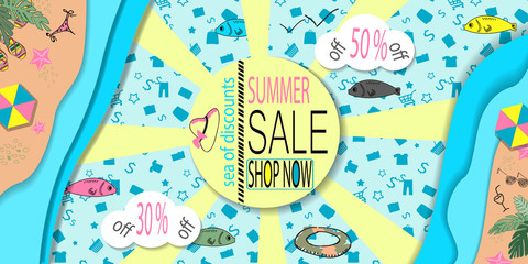 Naklejka premium Summer sale banner design with tropical beach top view background