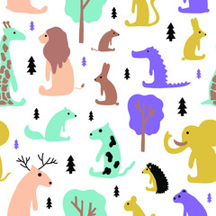 Hand drawn vector cute cartoon colorful seamless pattern animal and tree on the white background for baby design textile, cloth, apparel or decoration