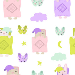 Hand drawn vector illustration seamless pattern cute cartoon sleeping animals, clouds, cribs, stars and moon on the white background for baby textile or decoration