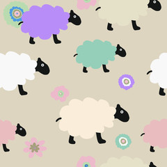 Hand drawn vector illustration colorful pastel color seamless pattern sheep and abstract flower for baby textile design or decoration