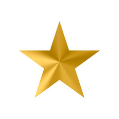 Metallic gold star isolated on white background. Simple golden star icon. Foil effect vector illustration. Christmas decoration. Convex shape with gradient.