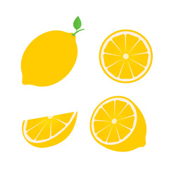 Set of four fresh lemons different views: whole, half, slice.  Natural organic fruits isolated on white background. Flat vector illustration.Еemplate for your design projects.