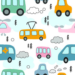 Hand drawn vector cute cartoon colorful illustration car, bus, helicopter, ambulance and tram on the white background for baby design textile or decoration