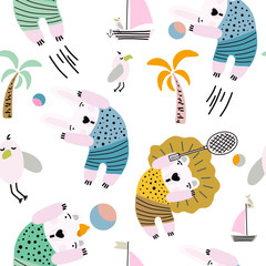 Hand drawn vector illustration cute cartoon colorful pastel seamless pattern happy playing animal on the beach, white background
