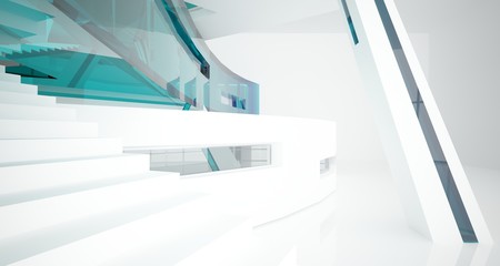 Fototapeta premium Abstract white and colored gradient glasses interior multilevel public space with window. 3D illustration and rendering.