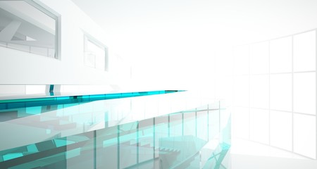 Abstract white and colored gradient glasses interior multilevel public space with window. 3D illustration and rendering.