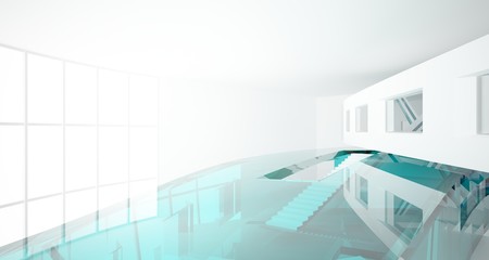 Abstract white and colored gradient glasses interior multilevel public space with window. 3D illustration and rendering.