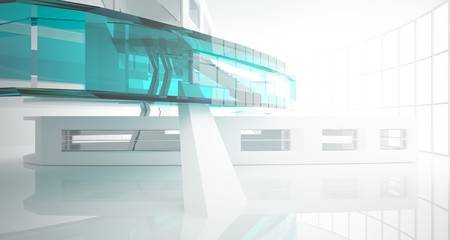 Abstract white and colored gradient glasses interior multilevel public space with window. 3D illustration and rendering.