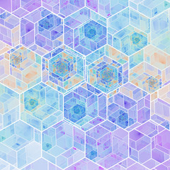 Abstract orange and blue mosaic background. Psychedelic hexagonal fractal texture. Digital art. 3D rendering.