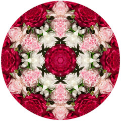 Pink, white and red peony flowers in the form of a picture of a kaleidoscope