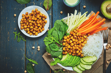 ingredient set for cooking vegan food, fried chickpeas, rice noodles with wegetables