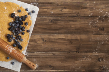Dough for pie and blueberry for filling, free space for text. Homemade baking