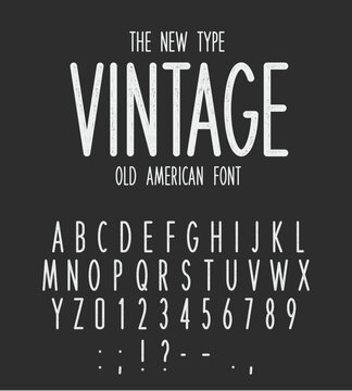 Vintage narrow type, modern letters design, old american font. White retro letters and numbers set on black background. Grunge style vector alphabet for logo, monogram, label and emblem design.