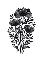 Flat black graphic drawing of bouquet of flowers of chrysanthemum plant with leaves and buds. Silhouette illustration, vector, isolated on background, for tattoo, engrave and design. - obrazy, fototapety, plakaty