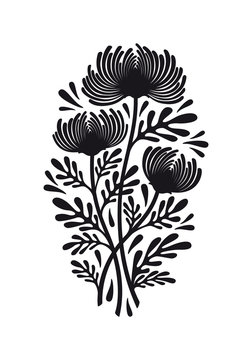 Flat black graphic drawing of bouquet of flowers of chrysanthemum plant with leaves and buds. Silhouette illustration, vector, isolated on background, for tattoo, engrave and design.