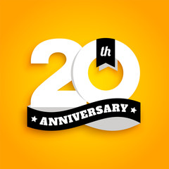 Twenty years anniversary logo with black ribbon, 20th years celebration isolated on yellow background. Vector.