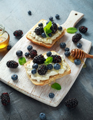 Fresh sweet Blackberry, Blueberry bruschetta, toast with cottage cheese, honey in a white board.