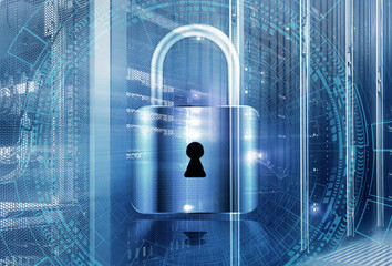 Password security for safety in data center room. Stand with server hardware and lighting in the...