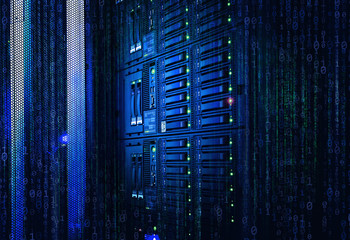 Binary stream, flow of information. Concept of blade server, storage, big data. modern mainframe disk storage with binary code over in data center