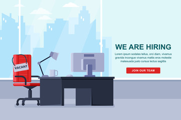 Workspace for employee with office chair and vacancy sign. Recruitment, hiring business concept. Vector illustration.