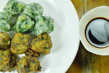 fried and steamed Guizhou or dumpling stuffed slice garlic chive dipping with soy sauce