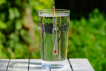 The alcoholometer in the glass with alcohol. Measuring the strength of alcohol solution.