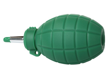Green rubber pear to clean the optics from dust in the form of a hand grenade. Isolated on white