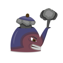 A kettle is angry and lets off steam. The Kettle in flat style.