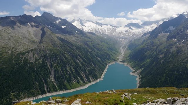 Schlegeisspeicher Water Reservoir and Power Station with Greiner Mountain and Glacier at Zillertal Tirol Austria 4K