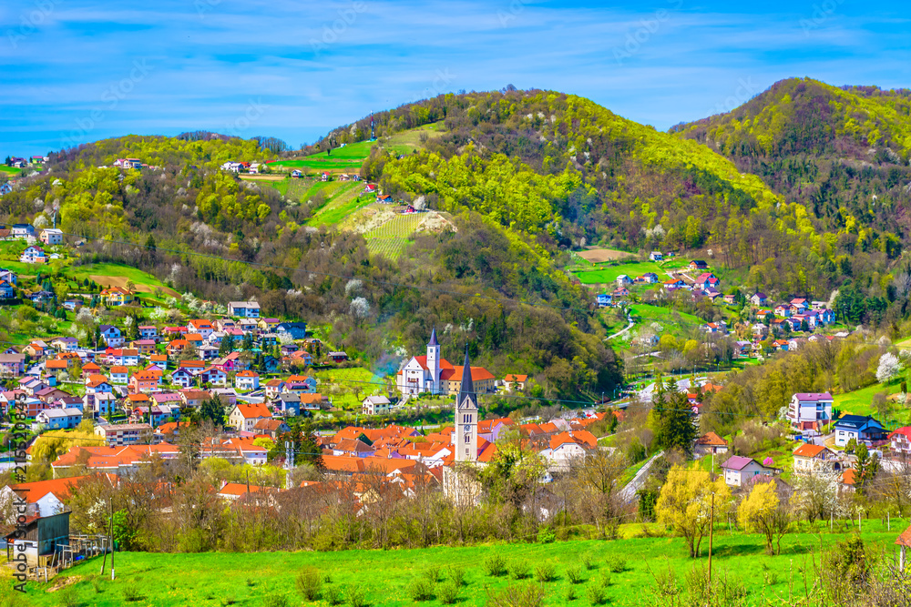 Wall mural krapina cityscape idyllic scenery. / aerial view at colorful landscape in zagorje region, famous tra