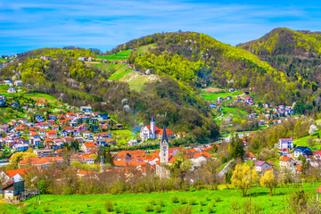 Obraz premium Krapina cityscape idyllic scenery. / Aerial view at colorful landscape in Zagorje region, famous travel destination in Croatia, Europe.