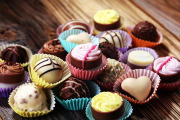 a lot of variety chocolate pralines, belgian confectionery gourmet chocolate.