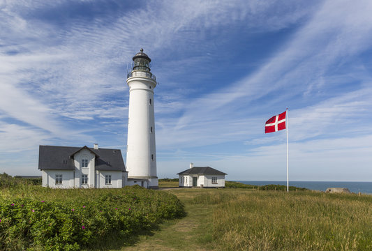 Historical Hirtshals lighthouse on the coast of Skagerrak