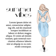 Tender young girl in pastel blue dress. Attractive fashion model in ruffle dress. Lifestyle glamour woman print. Summer vibes clipart