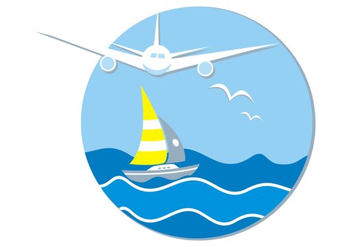 Summer holiday, banner, airplane, sailboat and birds, at background ocean and sky, vector icon