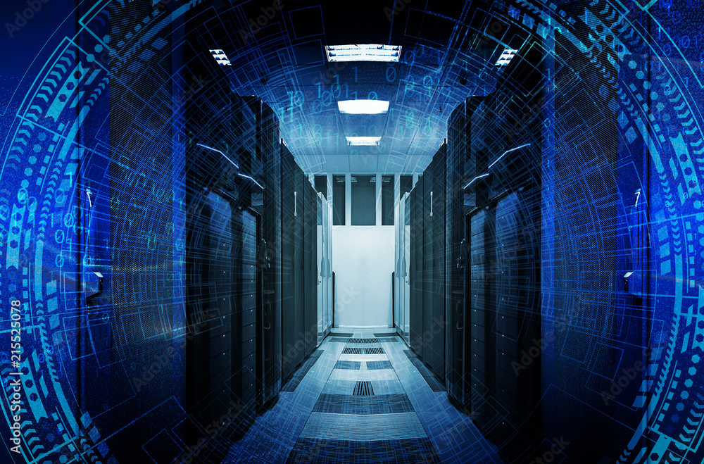 Poster futuristic graphic user interface on background of fantastic symmetric number mainframes