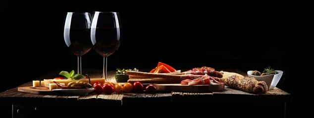 Poster Italiaanse antipasti wijn snacks set. Kaasvariëteit, mediterrane olijven, crudo, Prosciutto di Parma, salami en wijn in glazen over houten grungeachtergrond. © beats_