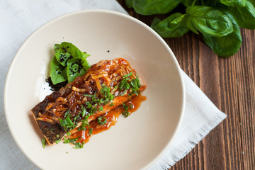 Salmon fillet glazed in ginger sauce