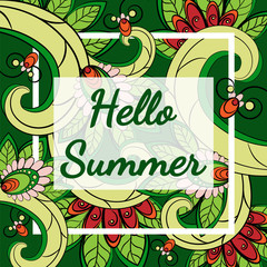 bright exotic pattern with frame and text hello summer, tropical flowers leaves on a green background. Vector illustration. hand drawing