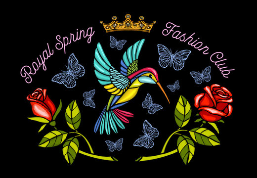 Hummingbirds butterflies crown roses embroidery patch Royal spring fashion club.