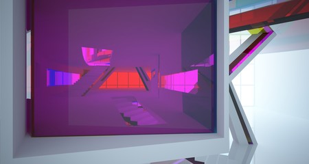 Abstract white and colored gradient glasses interior multilevel public space with window. 3D illustration and rendering.