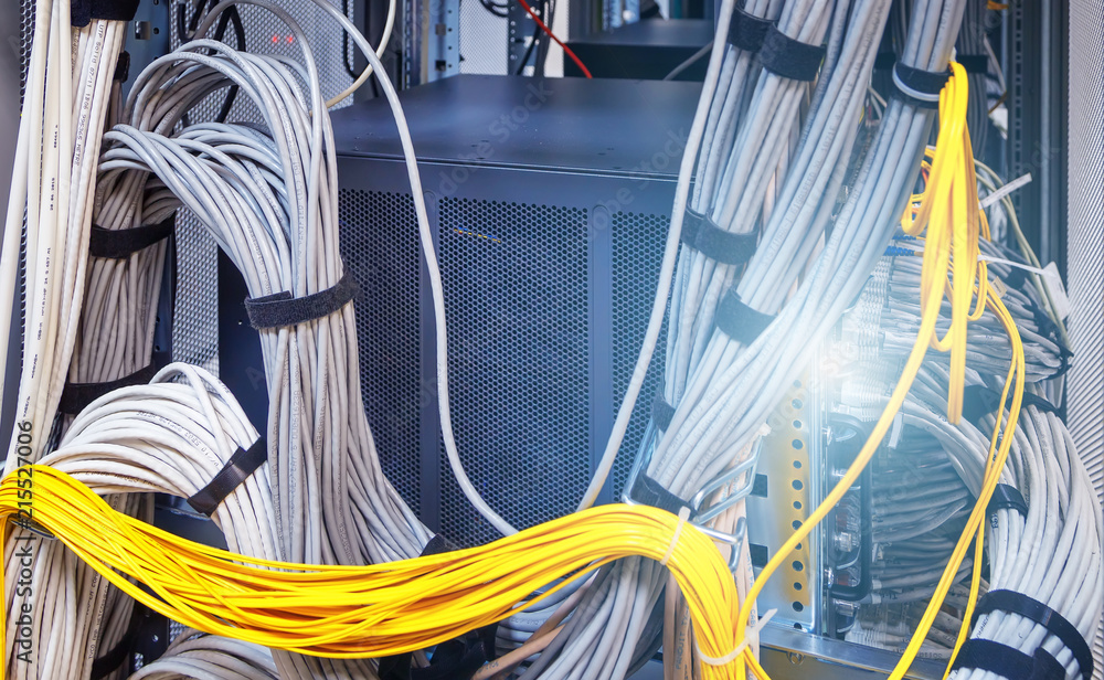 Aufkleber fiber optical connector interface. fibre channel swich. severs computer in a rack at the large data 