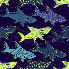 Abstracte naadloze vector onderwater patroon voor meisjes, jongens, kleding. Creatieve achtergrond met haaien. Grappig behang voor textiel en stof. Mode stijl. Kleurrijk helder