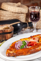Traditional Georgian and Armenian cuisine. Khachapuri with suluguni cheese and egg yolk. background image. Copy space, selective focus