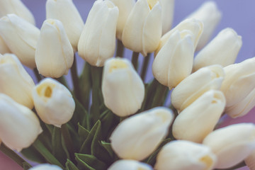 Fototapeta na wymiar A bouquet of yellow tulips in a vase on the floor. A gift to a woman's day from creame tulip flowers.